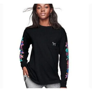PINK Victoria Secret Womens Long Sleeve Pullover Floral Sweatshirt Black Sz XS/S